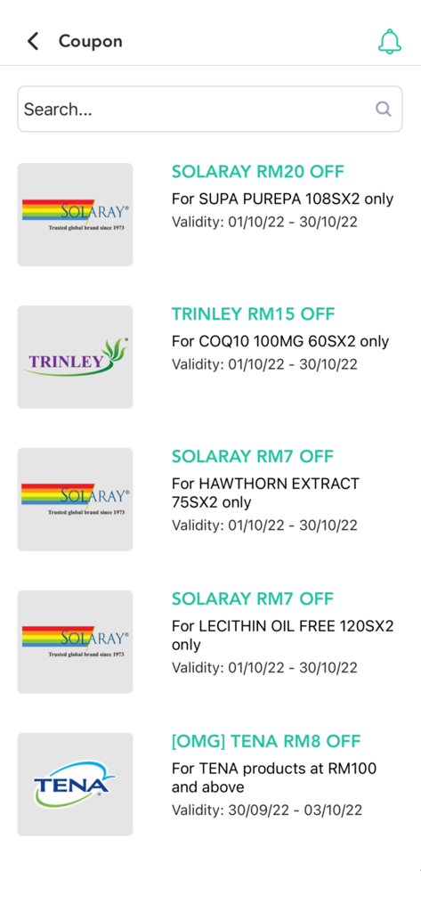 Caring Membership - List of available coupons and vouchers in the Caring Membership app