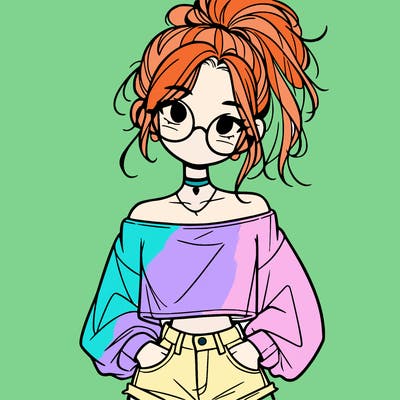 girl with a messy ponytail glasses a baggy crop top and jean shorts