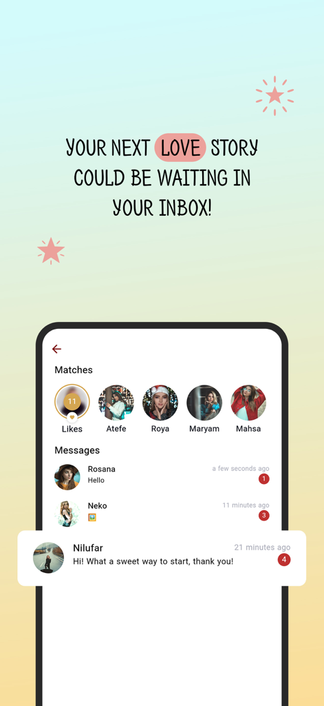 Azizam - Persian Dating App - Azizam Persian Dating-App Nachrichten- und Match-Bildschirm