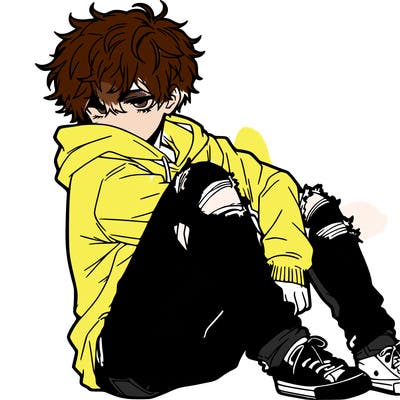 a male hoddie ripped jeans messy hair anime