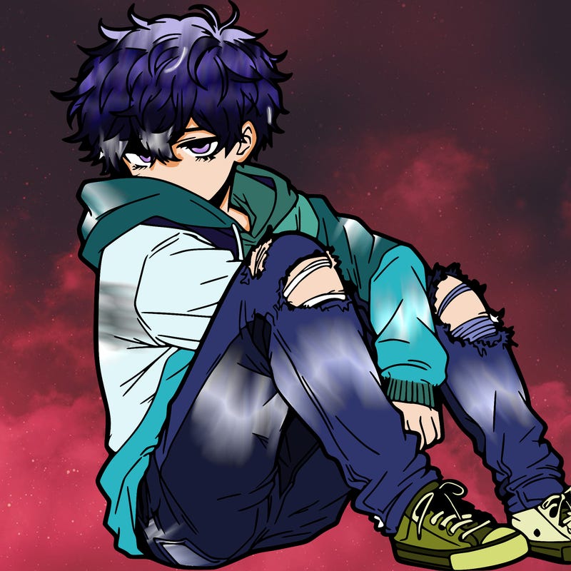 a male hoddie ripped jeans messy hair anime