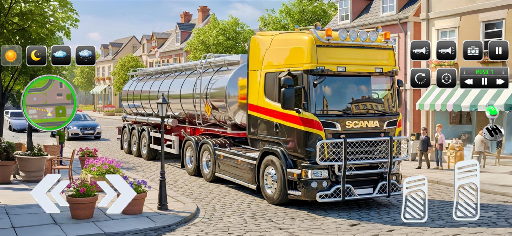 Factory Truck Simulator Games - Un camión cisterna de leche amarillo y negro en una calle de ciudad adoquinada con controles de juego mostrados en pantalla