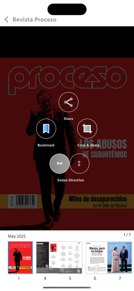 Revista Proceso - Interface of the Revista Proceso app showing a magazine cover with interactive options for sharing, bookmarking, and cropping.