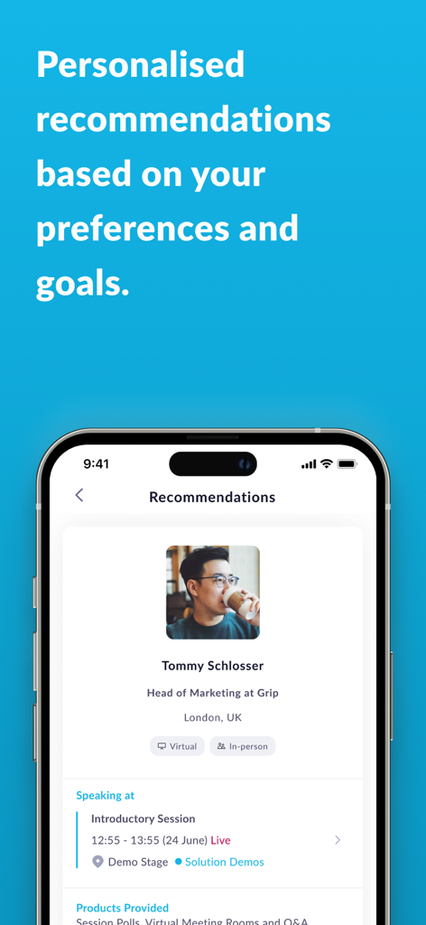 Argus Media Conferences - Screenshot of the Argus Media Conferences app showing a personalized speaker profile and session recommendation