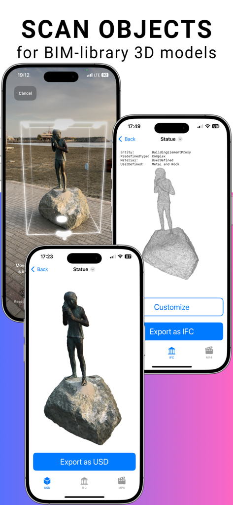 BIM Scanner app interface showing the process of scanning a statue into a professional 3D BIM model with IFC and USD export options