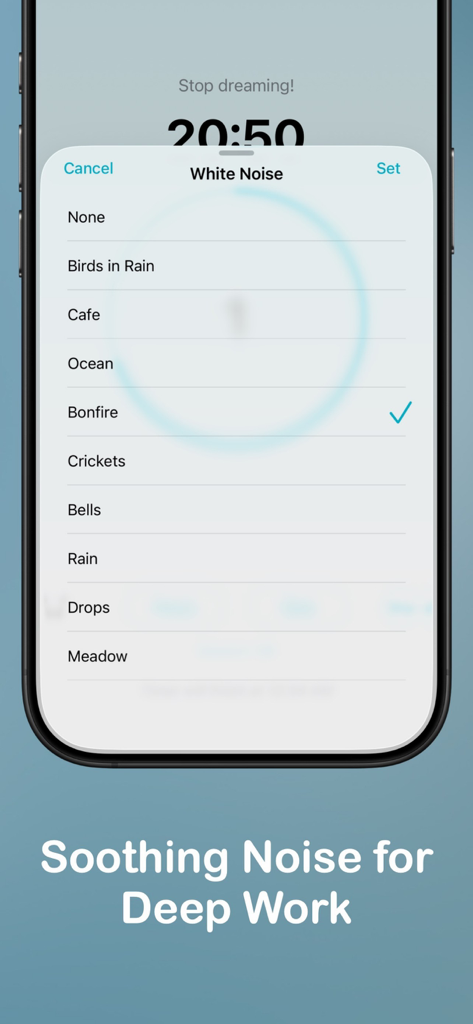 Engross: ADHD Focus Timer - White noise selection menu in the Engross app for deep work