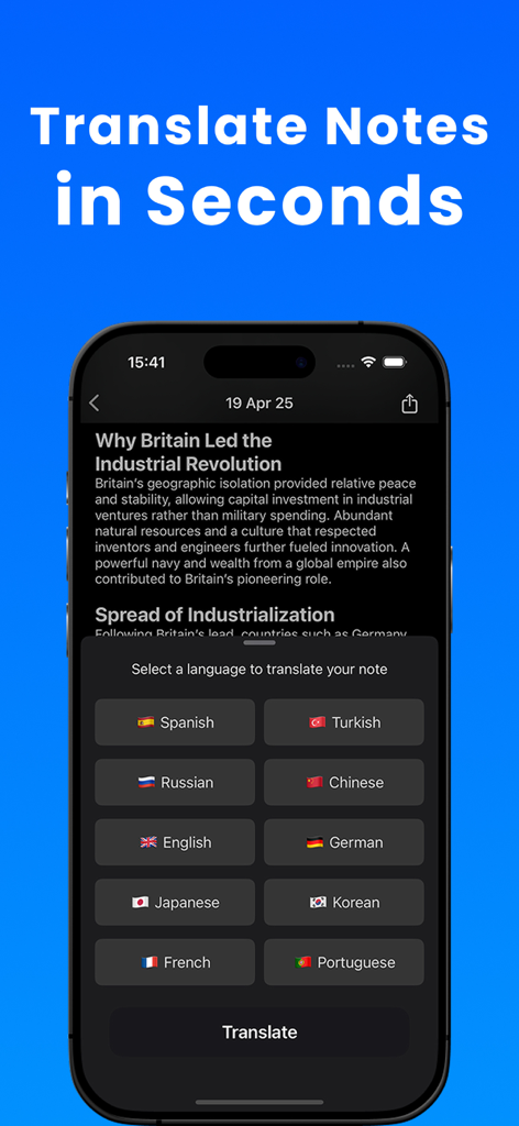 AI Note Taker app interface showing the note translation feature with a selection of languages like Spanish, Chinese, and French