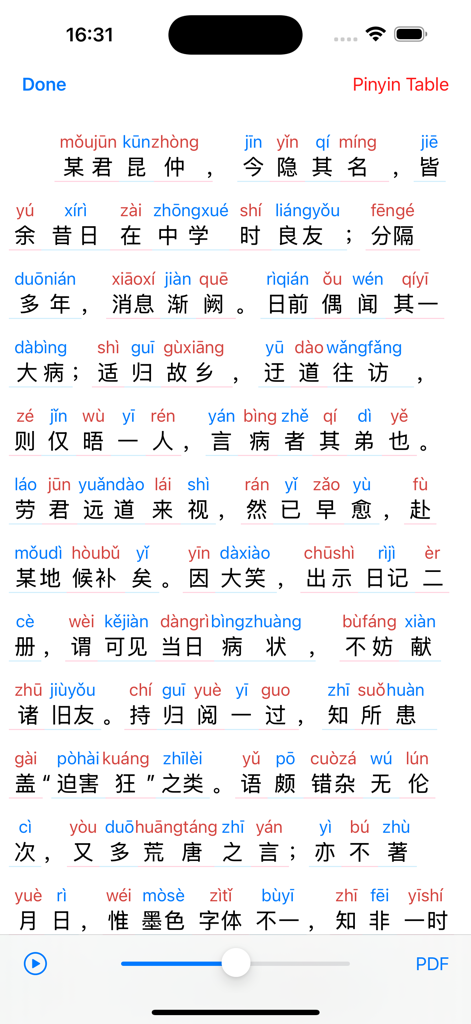 Pinyinizerアプリのスクリーンショット。中国語の漢字がピンインに変換され、発音ガイドと再生コントロールが表示されています。