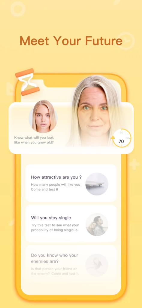 A screenshot of the Life Key app showing an AI aging filter result and a list of personality quizzes like attractiveness and relationship status