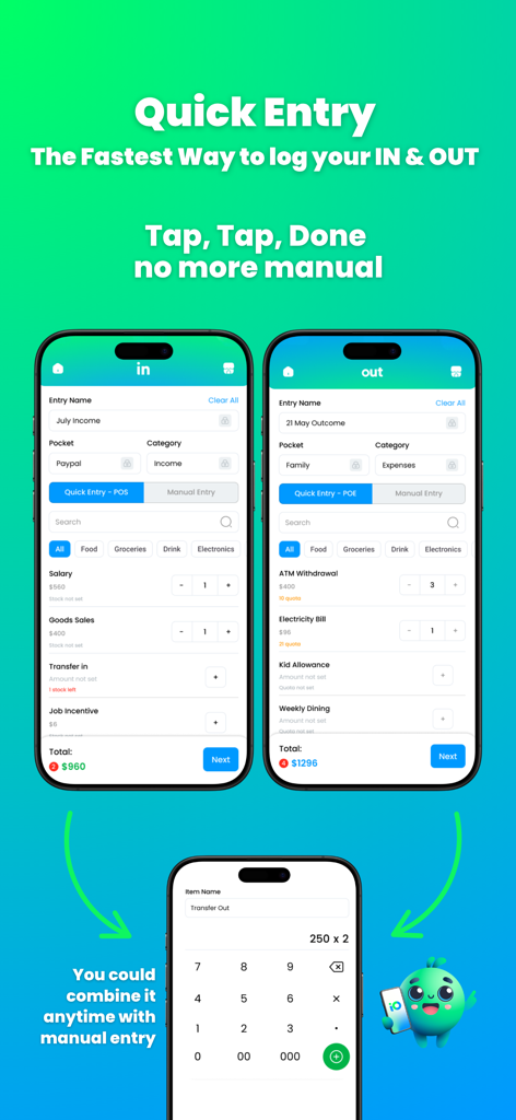 My InOut - Interface do aplicativo My InOut mostrando Entrada Rápida para rendimentos e despesas e calculadora de entrada manual.