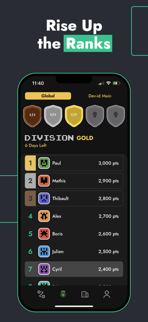 CodenQuest app screenshot showing user rankings and points in the Gold Division coding league