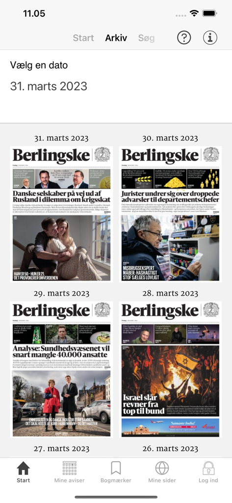 Berlingske e-avis - The archive section of the Berlingske e-avis app displaying a grid of historical newspaper editions by date