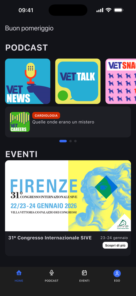La pantalla de inicio de la aplicación Vet Home, que presenta secciones para podcasts veterinarios y eventos de congresos internacionales.