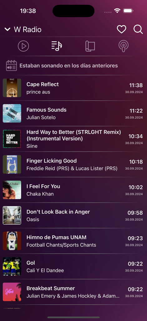 A screen displaying the recent song history of W Radio station