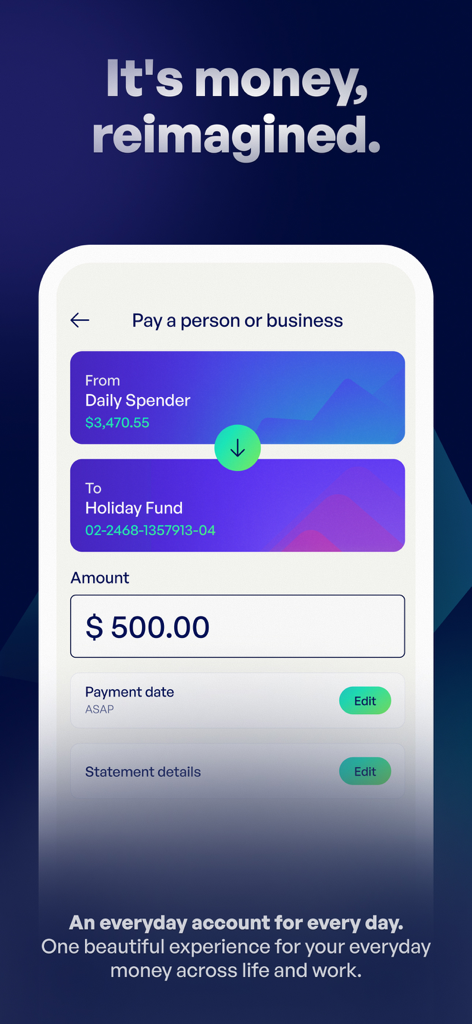 Emerge: Money Made Easy - Emerge app interface showing a five hundred dollar money transfer between accounts