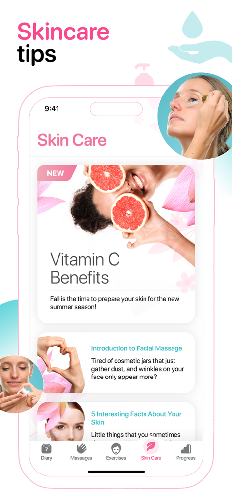 Facegym - Face Fitness Yoga - A mobile interface of the Facegym app displaying skincare tips and vitamin c benefits articles.