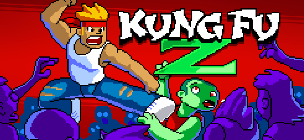 Kung Fu Zombie - Pixel art character Zak performing a martial arts jump kick against a horde of purple zombies in Kung Fu Z.