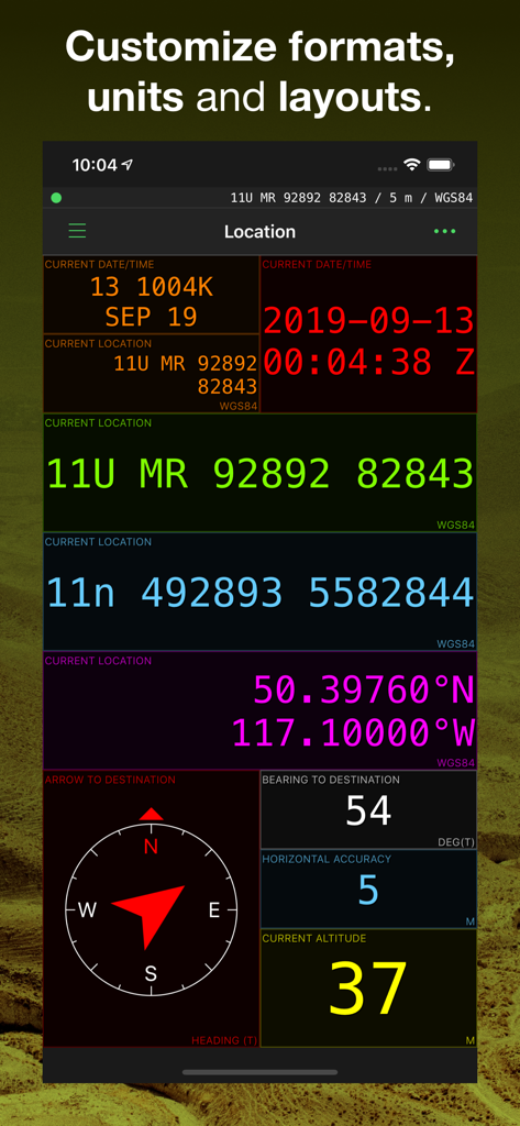 MilGPS - MilGPS app interface showing a customizable tactical dashboard with MGRS coordinates, a compass, and altitude data fields in high contrast