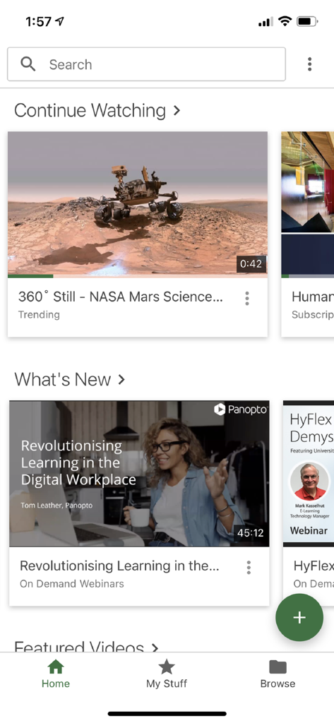 Panopto - Écran d'accueil de l'application mobile Panopto présentant des tutoriels vidéo et une barre de recherche