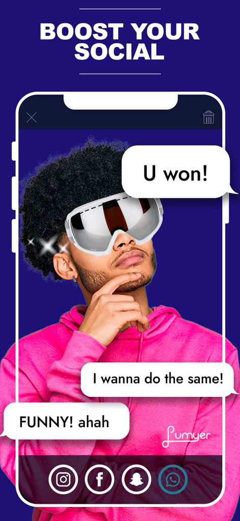 Lumyer:After Effects,Videoleap - A man using a ski goggles filter with social media reaction bubbles in the Lumyer app