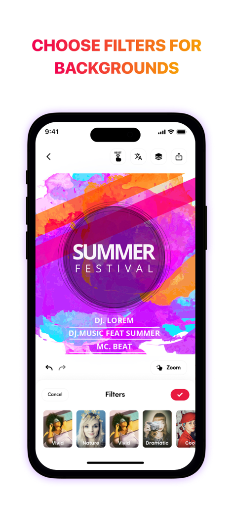 Interface de smartphone montrant diverses options de filtres d'arrière-plan pour la conception d'un flyer coloré de festival d'été