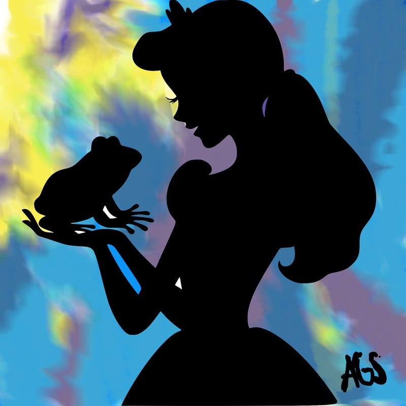 a shadow of a princess holding a frog realistic