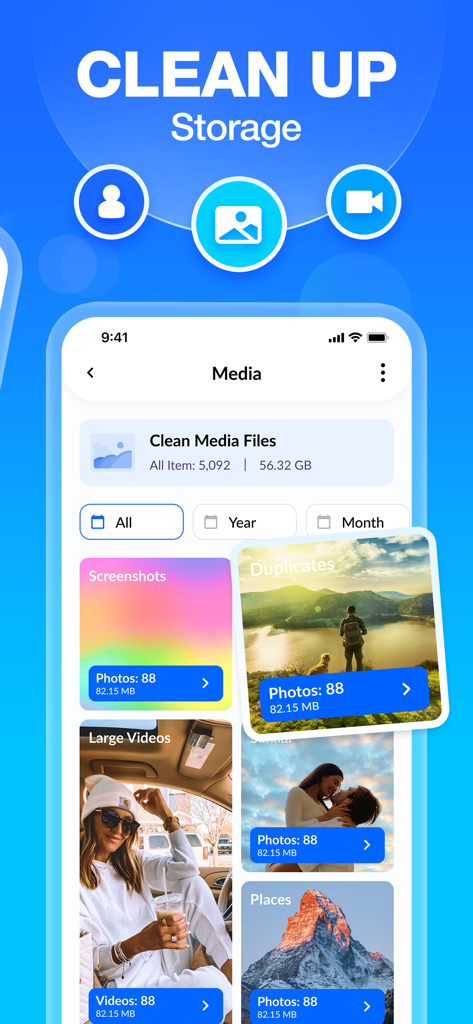 Cleaner - Clean Up Storage - App interface for Cleaner Clean Up Storage showing media categories like duplicates and large videos for easy storage management