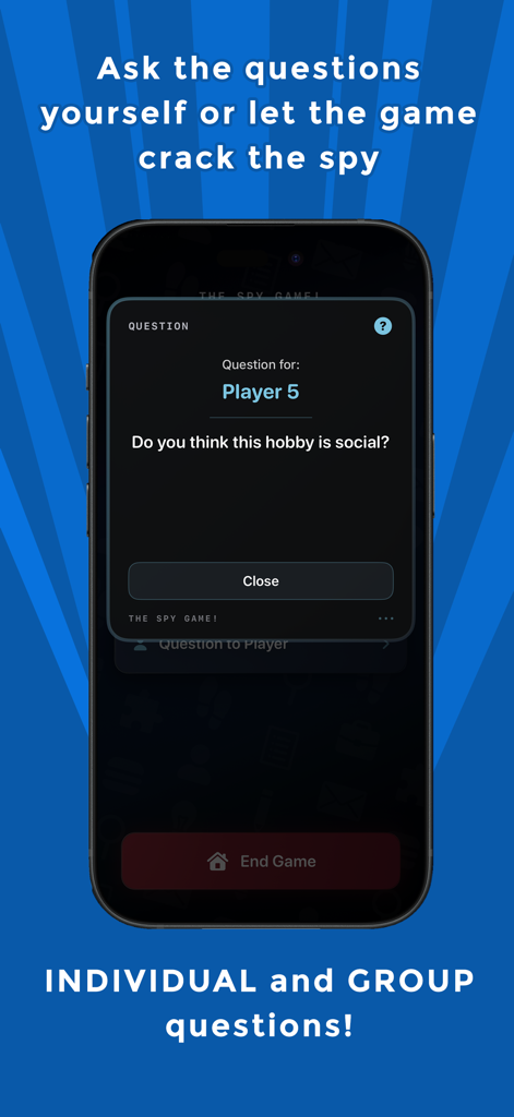 The Spy Game - Imposter Party - Una captura de pantalla de la aplicación The Spy Game que muestra una pregunta de deducción social para un jugador durante una ronda.