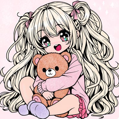 manga girl, long curly hair, happy, cuddling a teddy bear