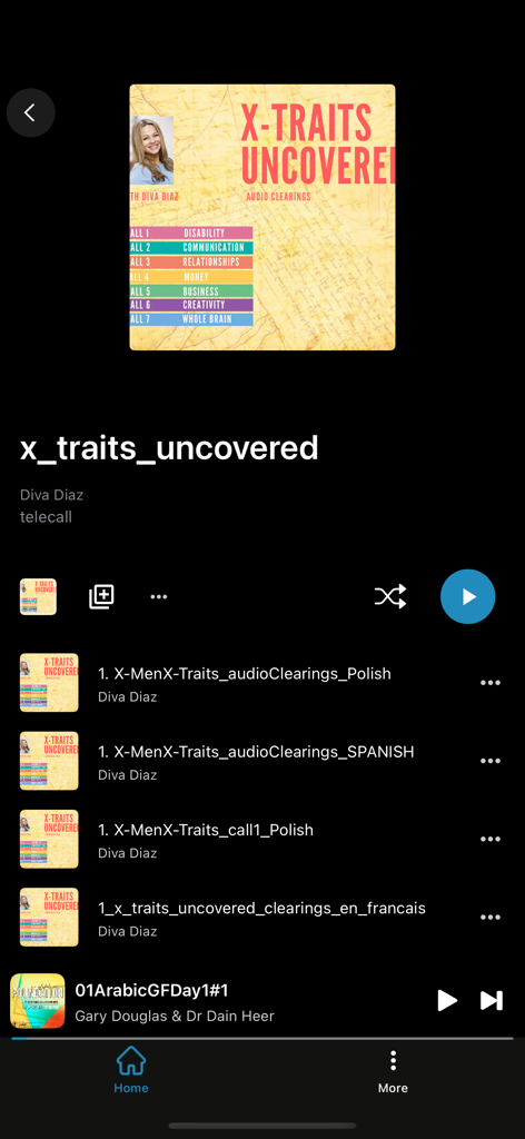 AccessMe app audio player displaying the X-Traits Uncovered class playlist by Diva Diaz with multi-language audio files