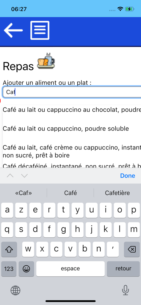 Mon Glucko - Diabète - Interface de busca para registrar refeições e bebidas no aplicativo de gerenciamento de diabetes Mon Glucko.