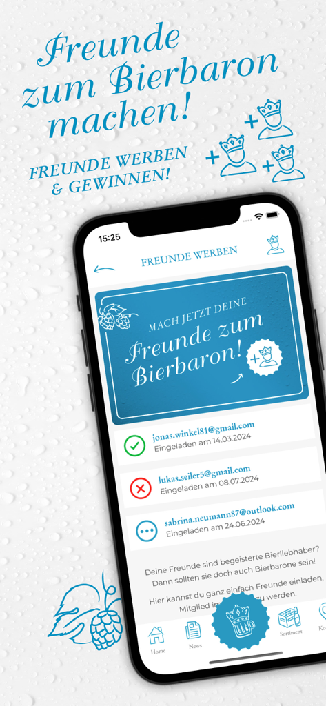 Tela do aplicativo Bierbarone mostrando o programa de indicação onde os usuários podem convidar amigos para participar do clube de fidelidade de cerveja.