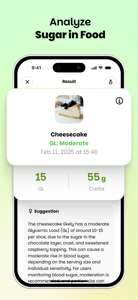 Wellify - Simplify Wellness - Wellifyアプリのインターフェース。糖分とグリセミック負荷のAI食品分析を表示。