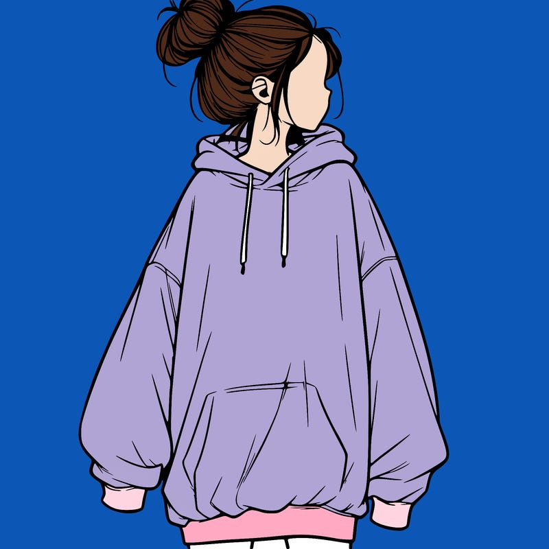 realistic girl with a oversized sweatshirt on and a bun