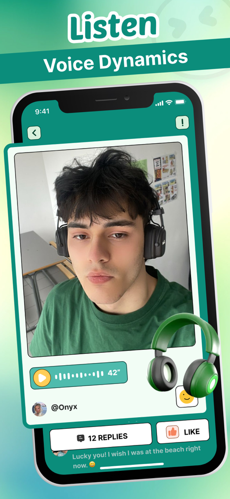 Nosia-App-Oberfläche, die einen Sprachbeitrag eines Benutzers namens Onyx mit einer Play-Schaltfläche und einer Audio-Wellenform zeigt.