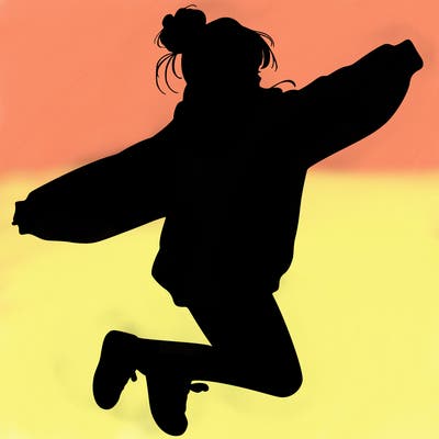 realistic girl jumping with a bun and oversized sweatshirt