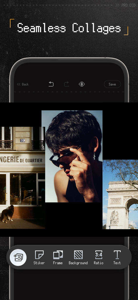 Interface de l'application mobile ProCCD pour créer des collages photo vintage transparents avec des outils d'édition