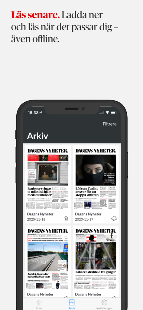 e-DN - A smartphone displaying the e-DN app archive screen with several newspaper editions available for offline reading