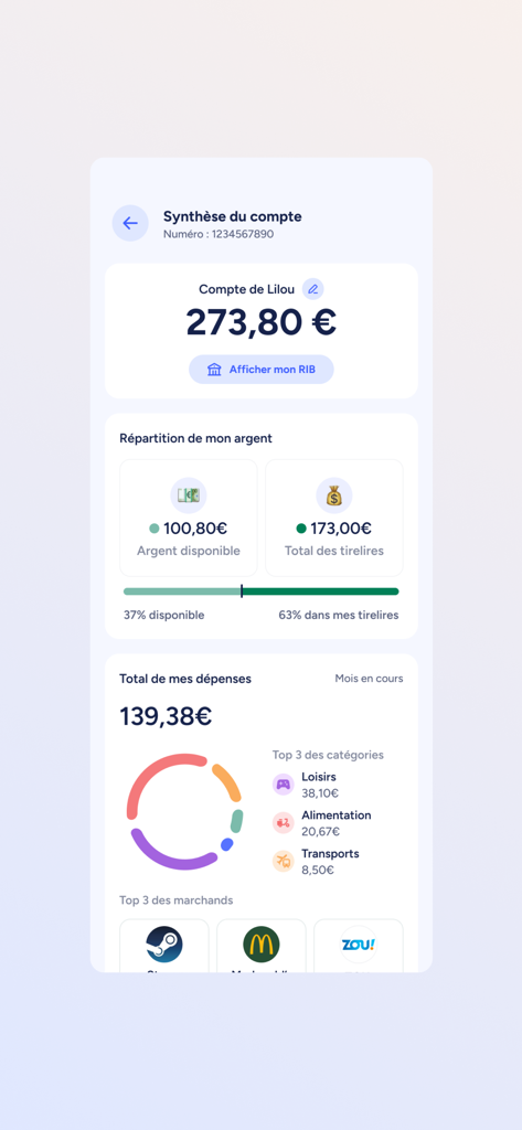 Résumé du compte de l'application Mouv by LCL montrant le solde et les catégories de dépenses