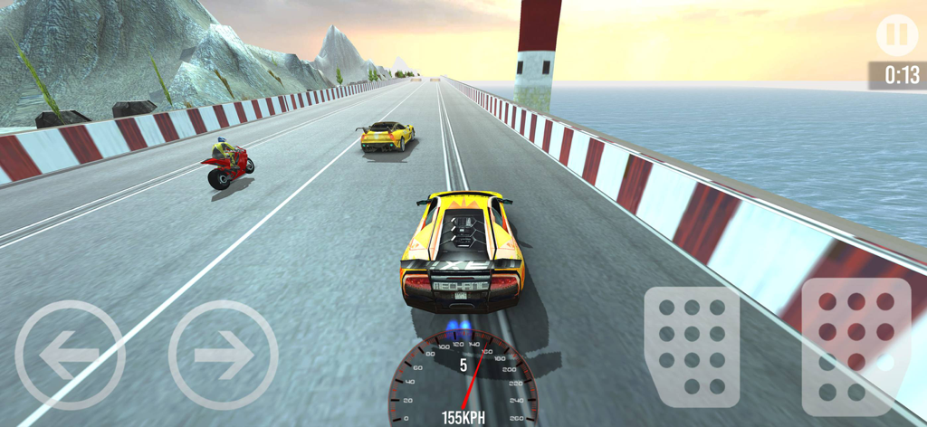 Car vs Bike Racing - Race Game - Gameplay of a yellow supercar and red racing bike competing on a high-speed coastal bridge track