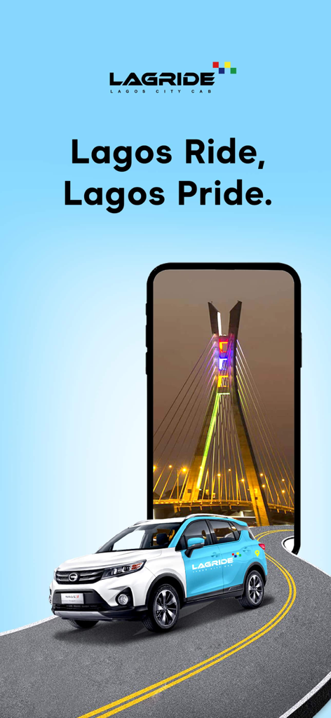 Lagride - Lagride app promotional image showing a branded white and blue car with the Lagos city bridge in the background.