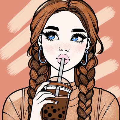 realistic girl with braided hair drinking boba