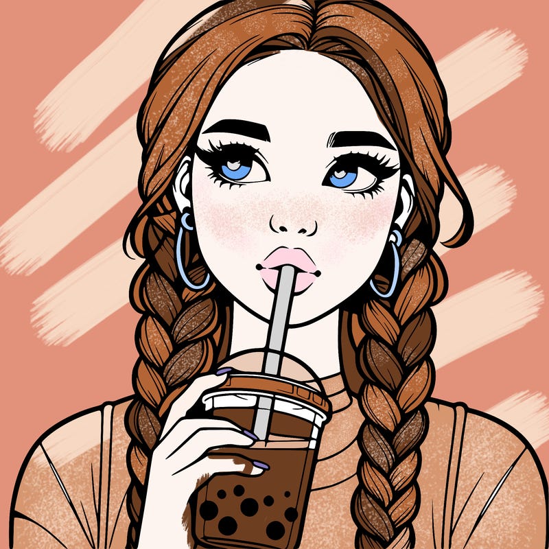 realistic girl with braided hair drinking boba