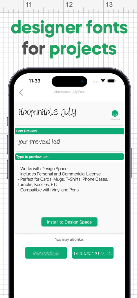 Fonts for DIY Space - App interface for selecting designer fonts with an option to install to Design Space for DIY projects