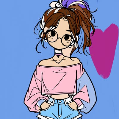 girl with a messy ponytail glasses a baggy crop top and jean shorts