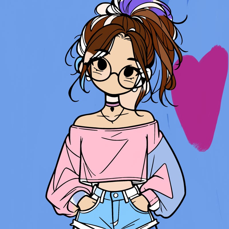 girl with a messy ponytail glasses a baggy crop top and jean shorts