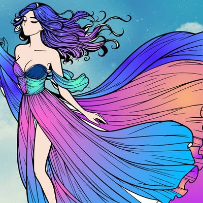 realistic woman in dress flowing the the wind