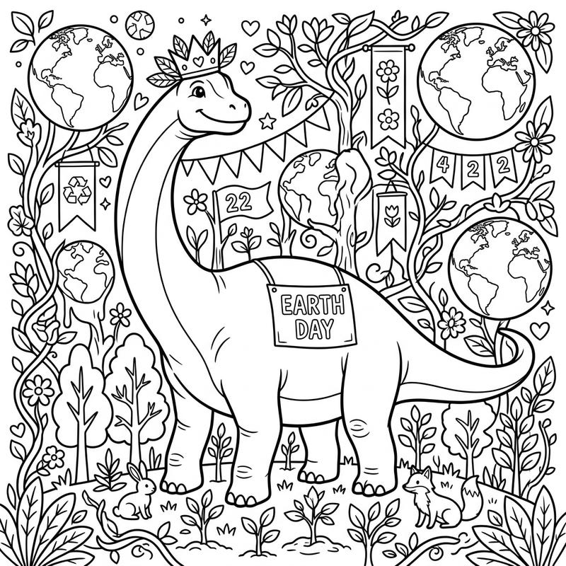 Embark on an epic coloring adventure with our unique Dreadnoughtus dinosaur, proudly celebrating Earth Day amidst a lush landscape. This engaging template combines prehistoric wonder with a powerful message of environmental care, perfect for creative minds of all ages.