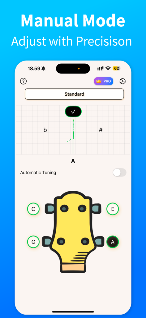 Ukulele Tuner - TuneGuide - Interfaz del modo manual de la app Ukulele Tuner TuneGuide que muestra un medidor de tono y un diagrama del mástil para una afinación de precisión