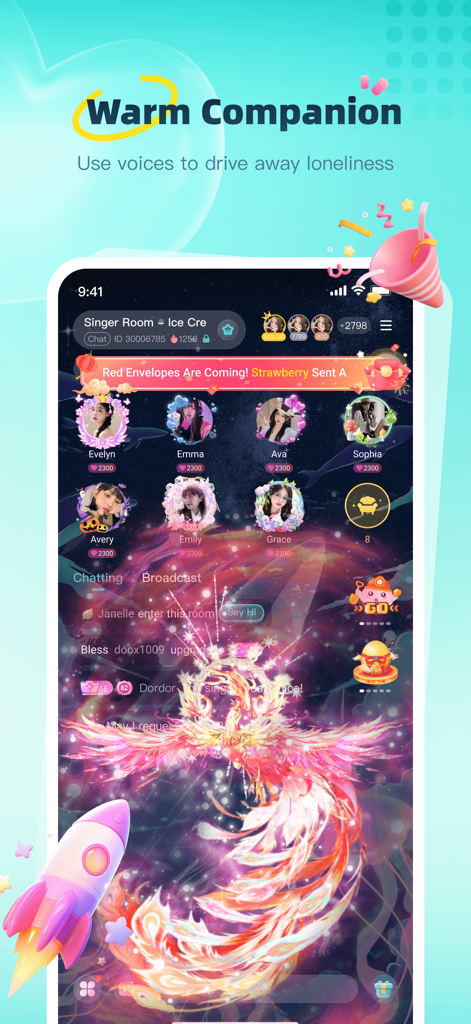 Interface of the Dino app showing a voice chat room with multiple user profiles and social interaction features.